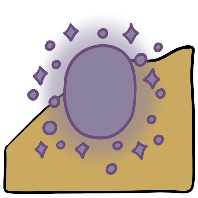 A light purple glowing oval with little diamond and dot bits around the edge. Curved yellow skin fills the bottom half of the background.